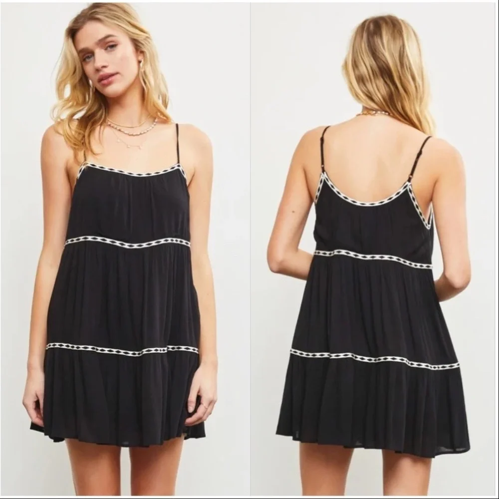 Mustard Seed Black and White Tape Trim Shirred Tiered Romper Dress - Picture 1 of 6